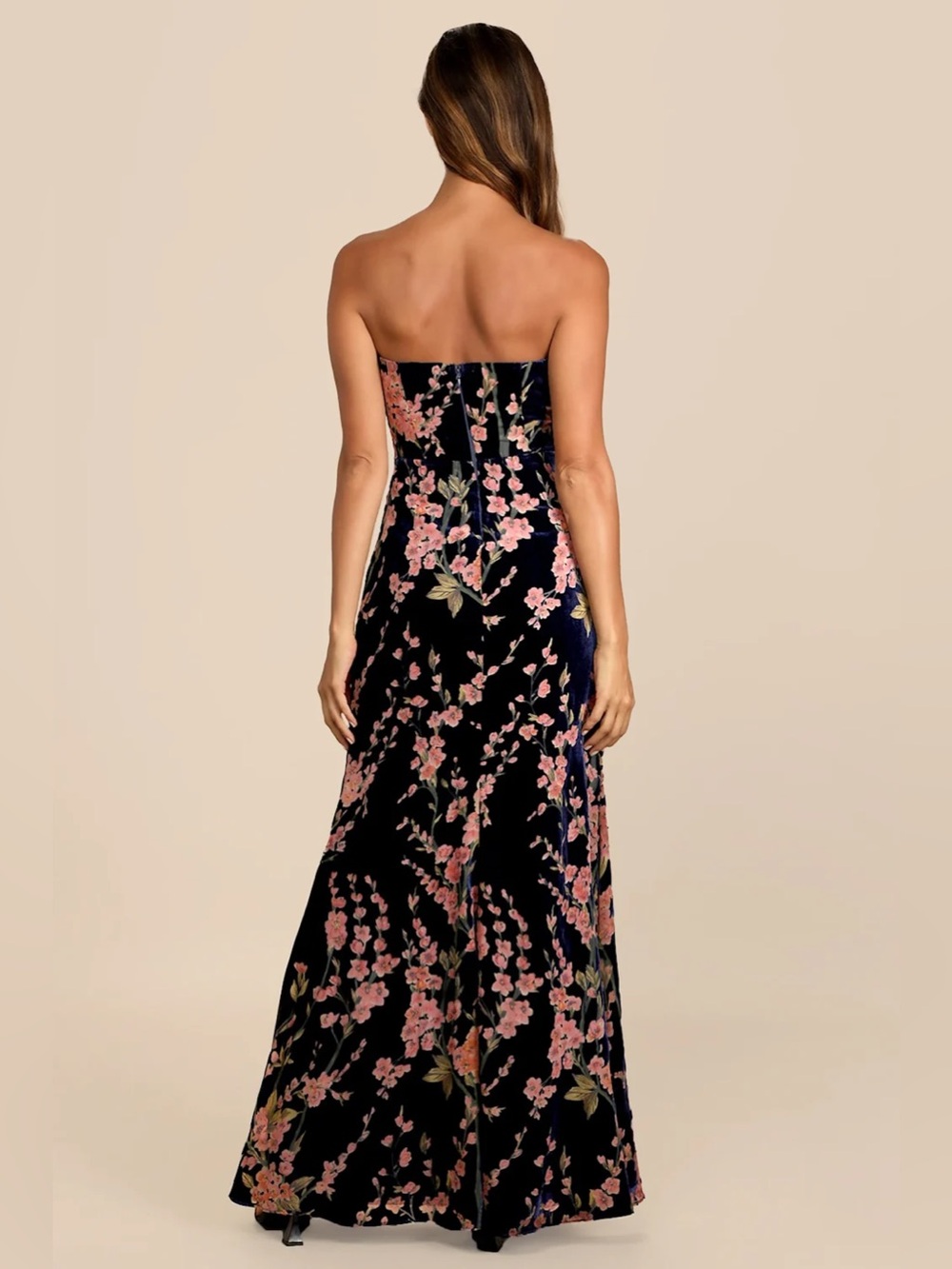 Lulus Bloom In Mind Navy Blue Floral Print Velvet Strapless Maxi Dress XS NWT - Picture 4 of 11
